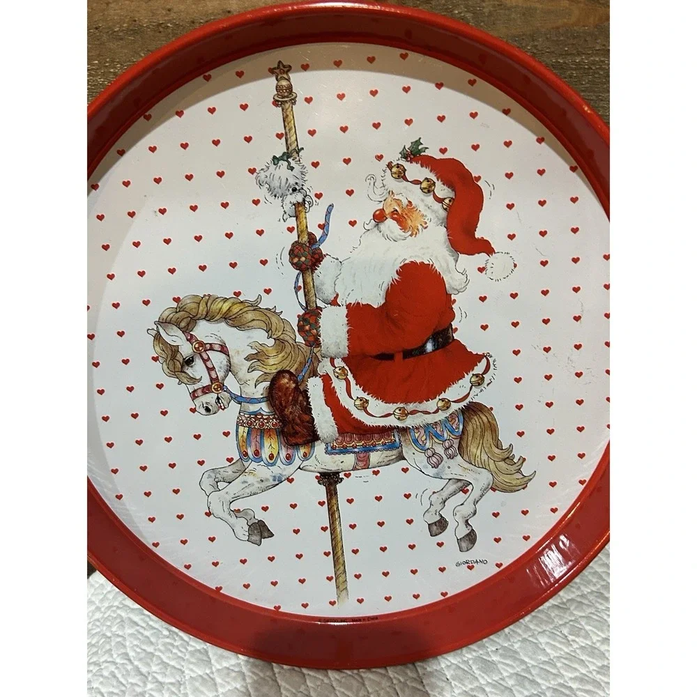VTG  1991 Giordano / Giftco Santa Riding A Carousel Horse Round Metal Tin Tray